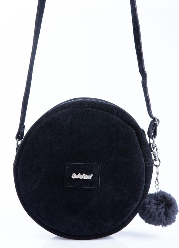 

Bolsa Redonda Preta com Pompom, Preto