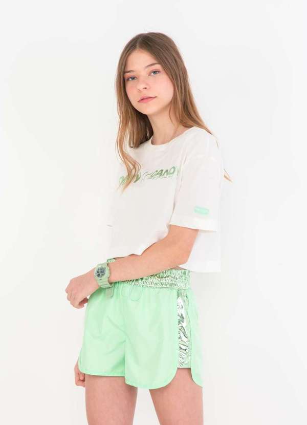 

T-Shirt Cropped Over com Decote de Nylon Metalizad, Branco