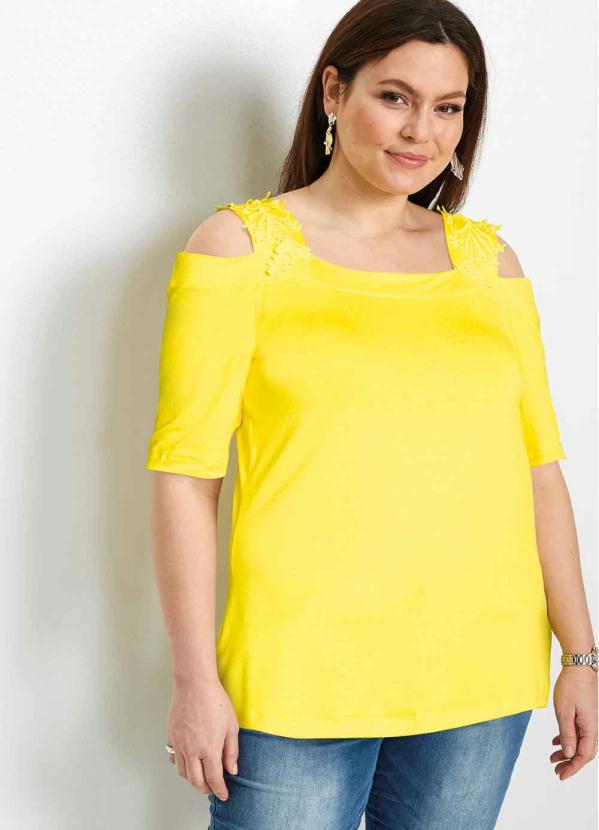 

Blusa Alças com Renda e Ombros de Fora Amarela, Amarelo