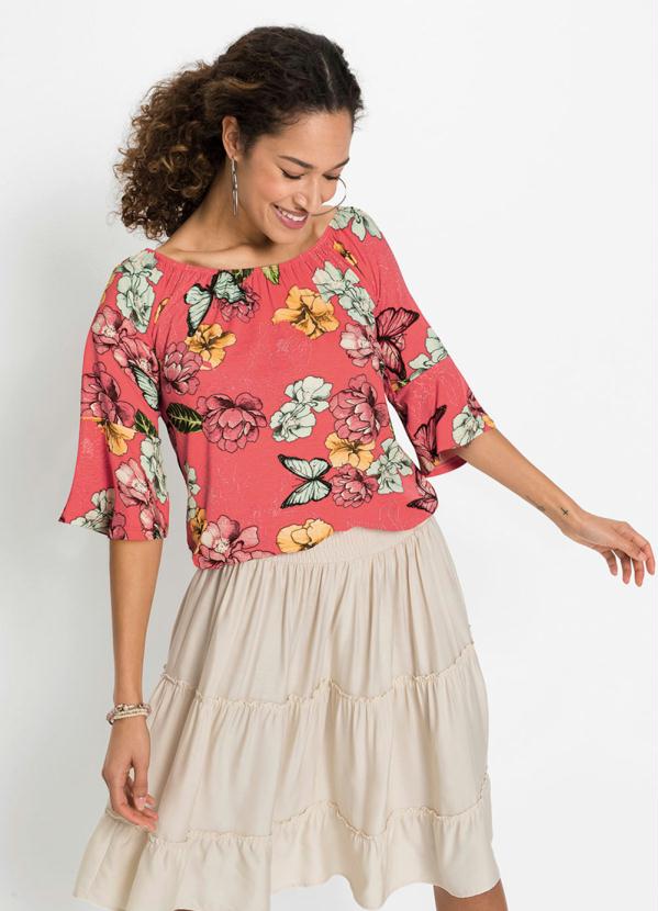 

Blusa com Elástico no Decote Floral Coral, Estampado