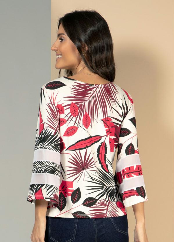 

Blusa com Manga Ampla Folhas Vermelhas, Rosa