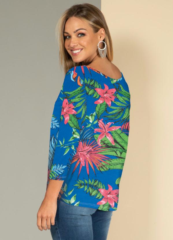 

Blusa Floral Azul com Mangas 3/4