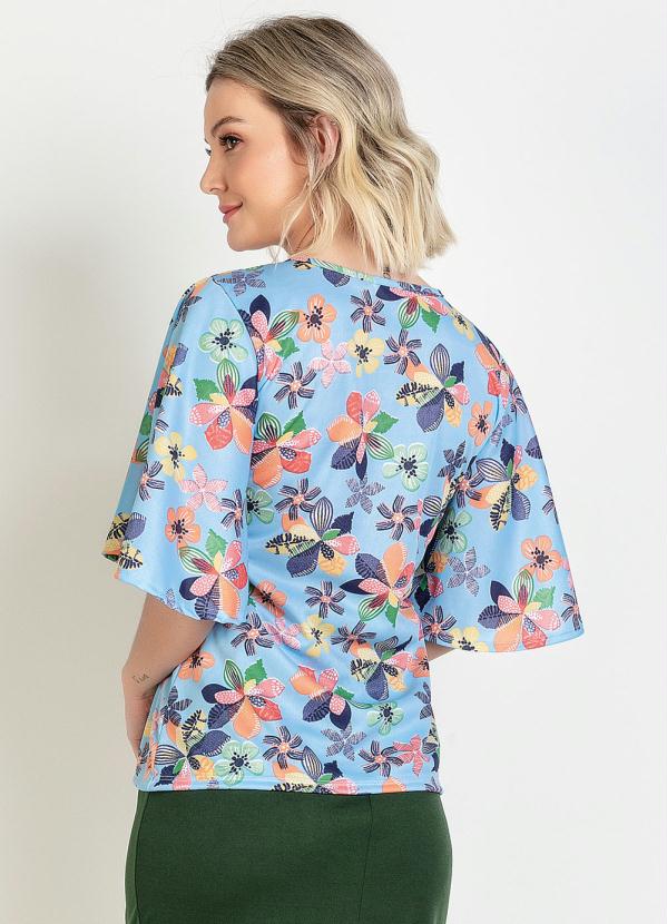 

Blusa Floral com Mangas Amplas Moda Evangélica, Azul