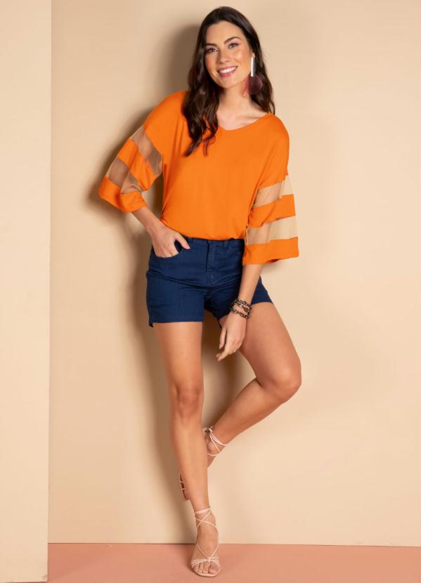 

Blusa Laranja Detalhes em Tule nas Mangas