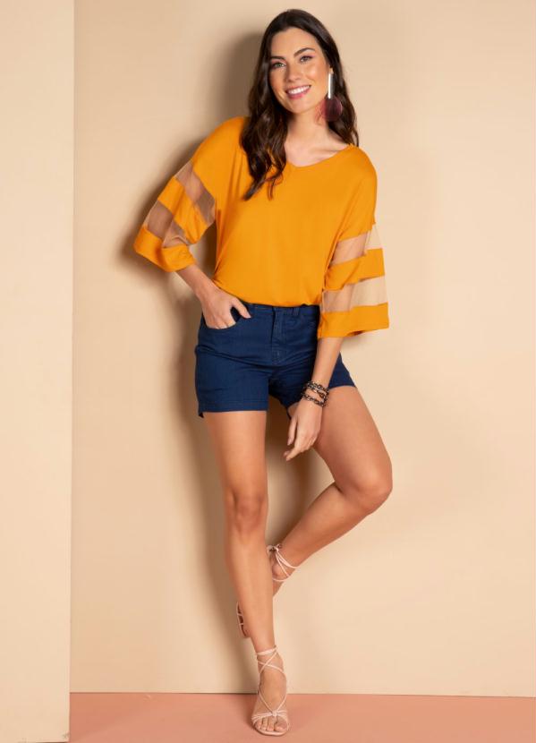 

Blusa Mostarda com Detalhes em Tule nas Mangas, Amarelo