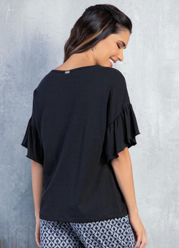 

Blusa Preta com Bordados no Decote e Mangas 3/4, Preto