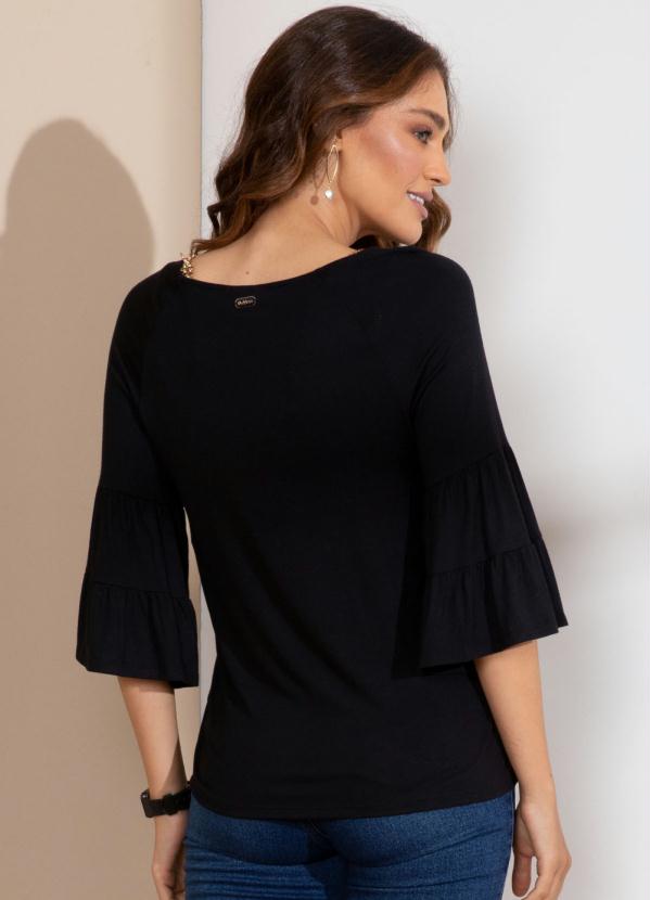 

Blusa Preta com Franzidos e Babados nas Mangas, Preto