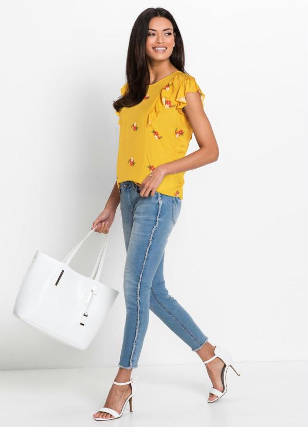 

Blusa com Babados nas Mangas Floral Amarela, Amarelo