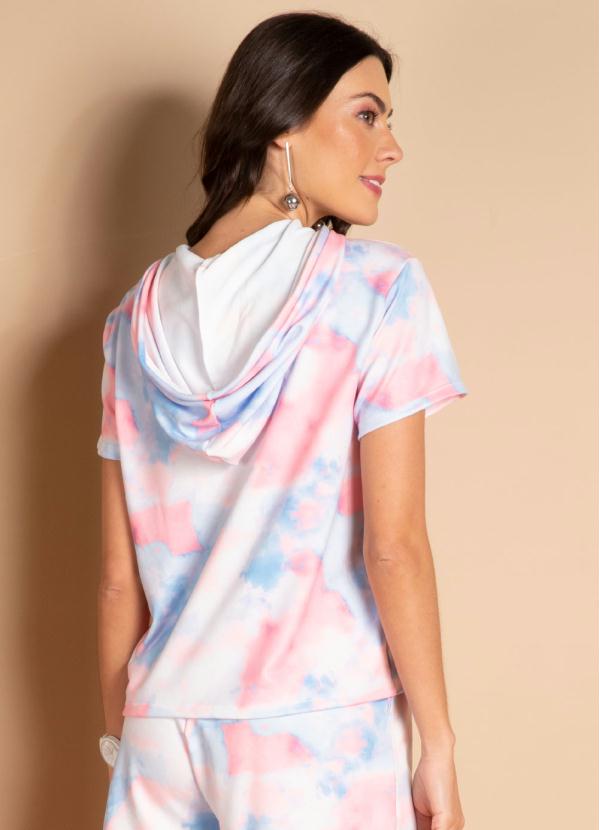 

Blusa com Capuz Tie Dye Azul e Coral, Branco