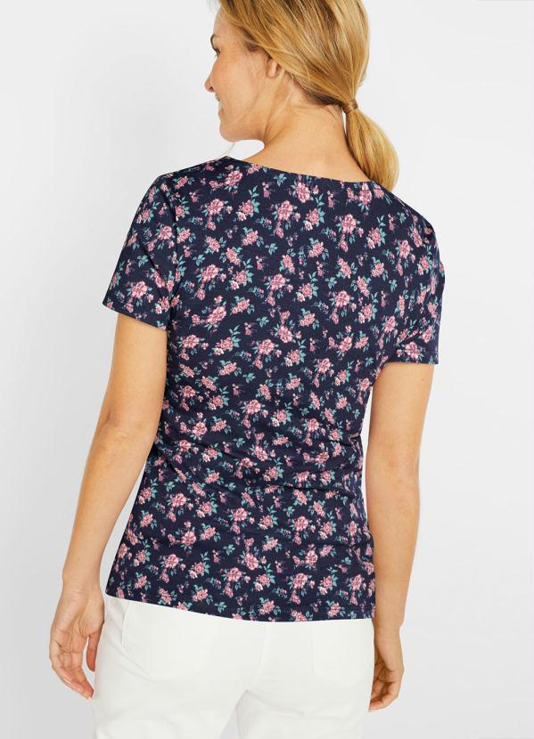 

Blusa com Decote Redondo Floral Marinho, Azul