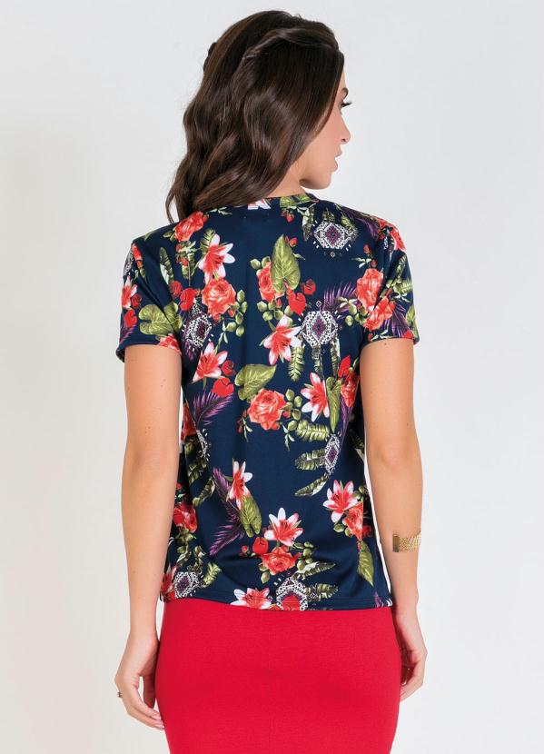 

Blusa com Gola Laço Floral Moda Evangélica, Azul