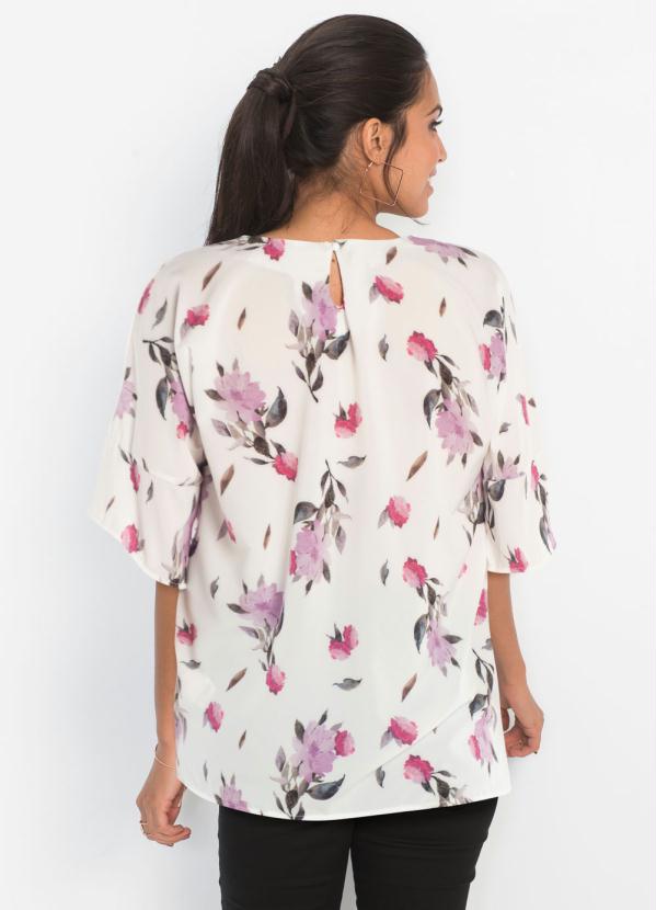 

Blusa com Mangas Amplas Floral Branca, Branco