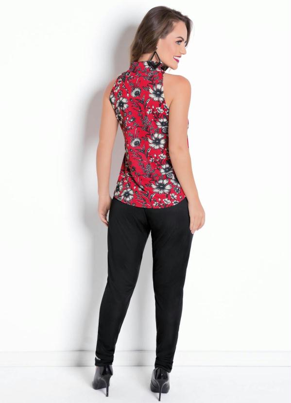 

Blusa de Gola Alta Floral sem Mangas, Vermelho