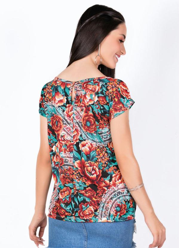 

Blusa Decote Canoa Floral com Detalhe em Gota, Laranja