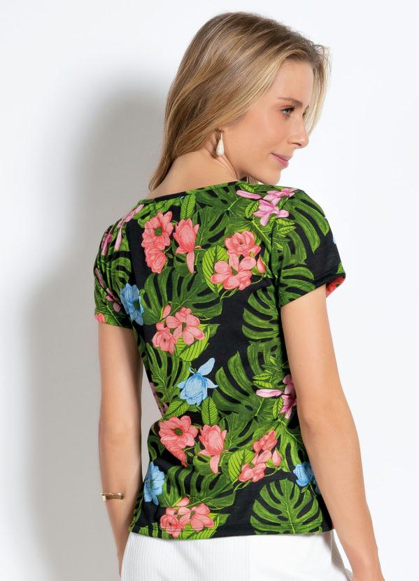 

Blusa Floral com Decote V e Mangas Curtas, Preto