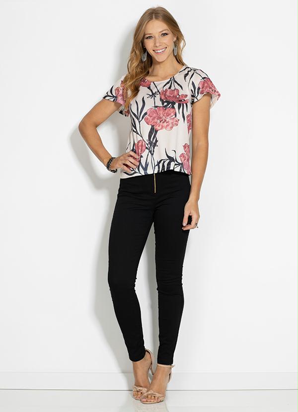 

Blusa Floral com Mangas Curtas, Rosa