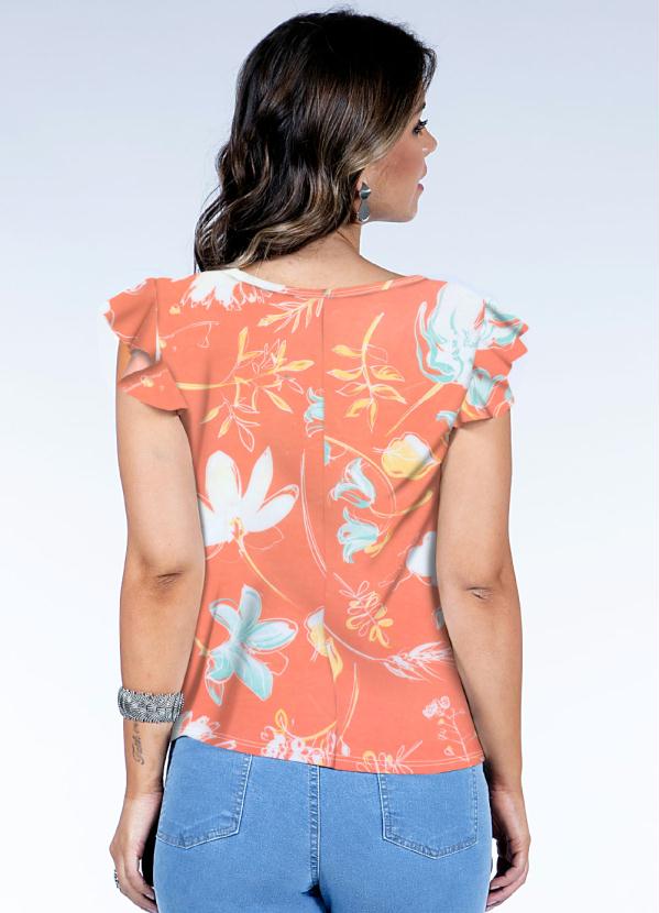 

Blusa Floral Coral com Decote V e Babados, Laranja