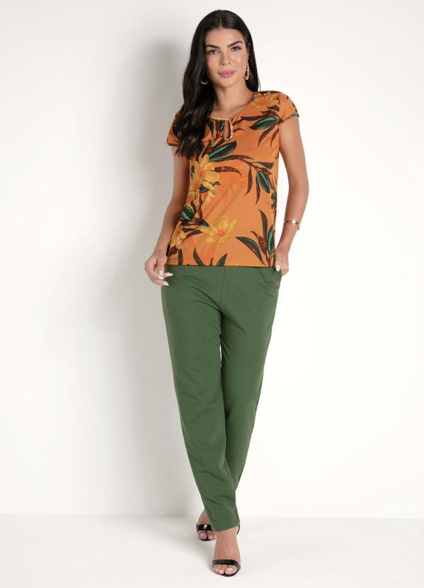 

Blusa Floral Ferrugem com Gota no Decote, Laranja