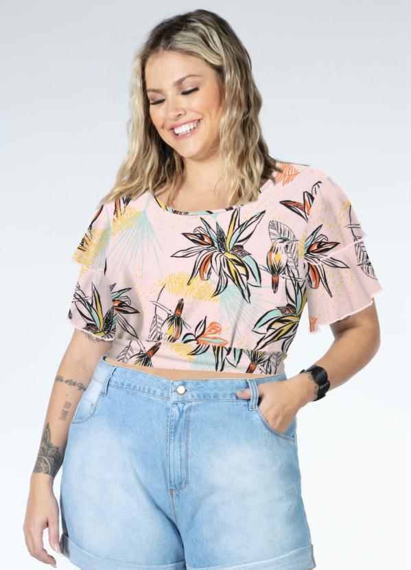 

Blusa Floral Rosa com Mangas de Babados