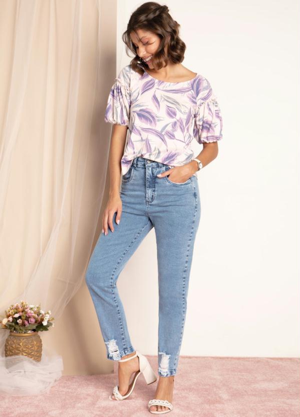 

Blusa Folhas Roxas com Manga Balonê, Roxo