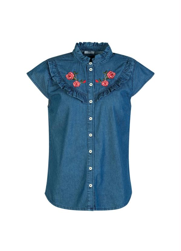 

Blusa Jeans com Gola Alta e Babados Azul