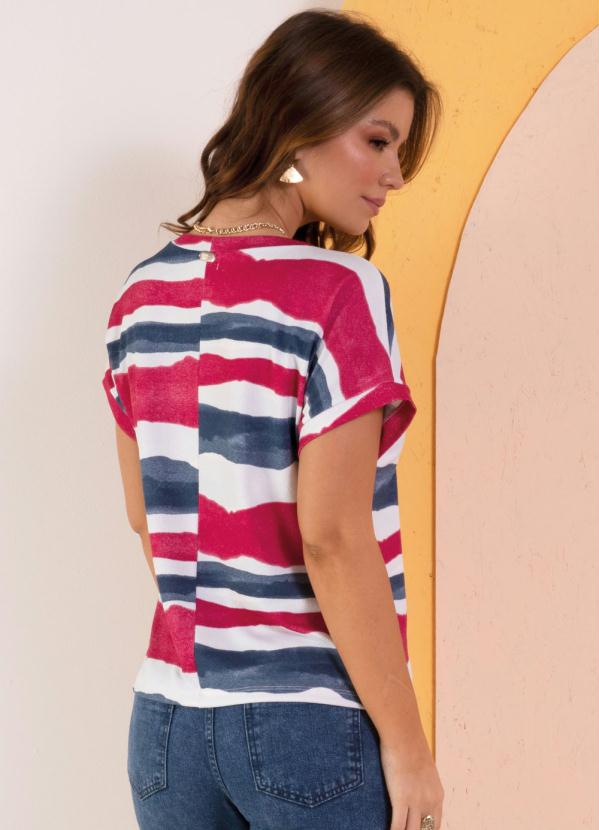 

Blusa Listras Rosa e Azul com Mangas Curtas, Branco