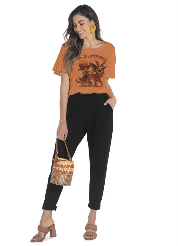 

Blusa Manga Curta Bordado Estampa Laranja