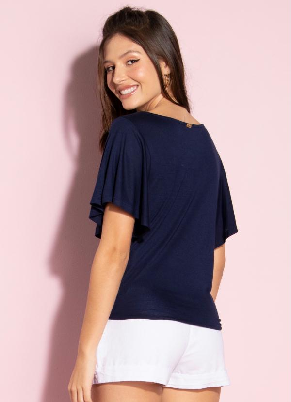 

Blusa Marinho com Aplique e Nó na Frente, Azul