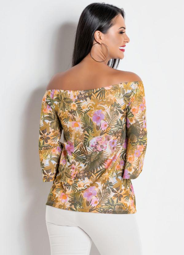 

Blusa Ombro a Ombro Floral com Manga Sino, Amarelo