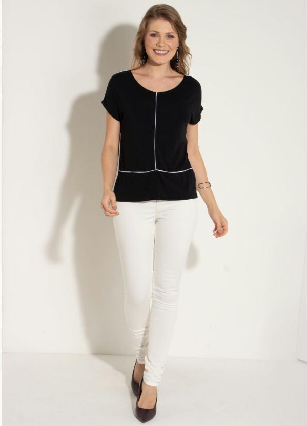 

Blusa Preta com Detalhes Brancos, Preto