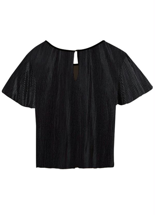 

Blusa Preta Plissada com Abertura, Preto