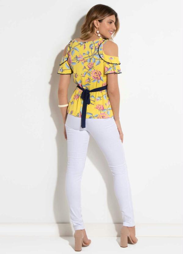 

Blusa Quintess Floral Amarelo com Babados, Azul