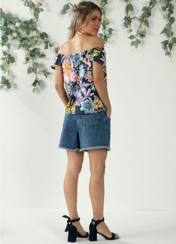 

Blusa Soltinha Floral Marinho com Manguinhas, Azul