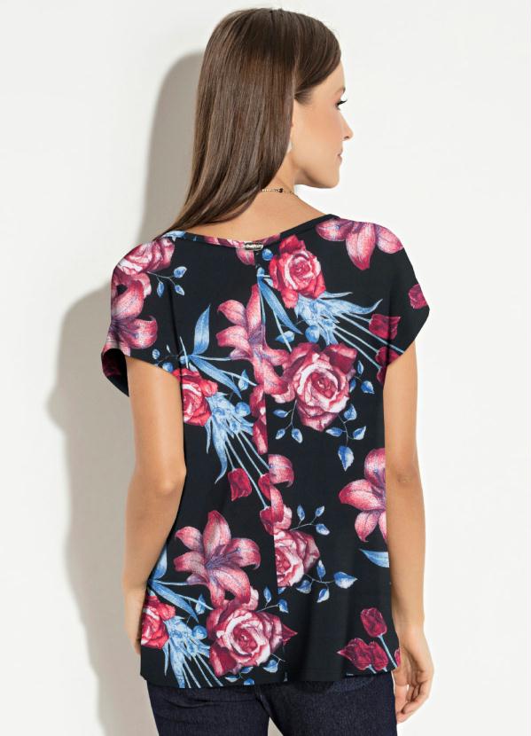 

Blusa Soltinha Floral Preto com Mangas Curtas