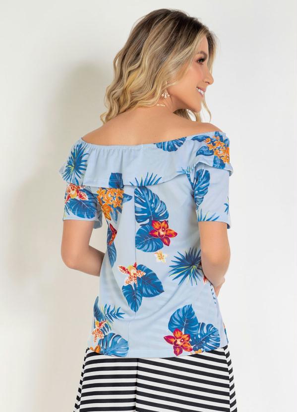 

Blusa Tropical Moda Evangélica com Babado, Azul