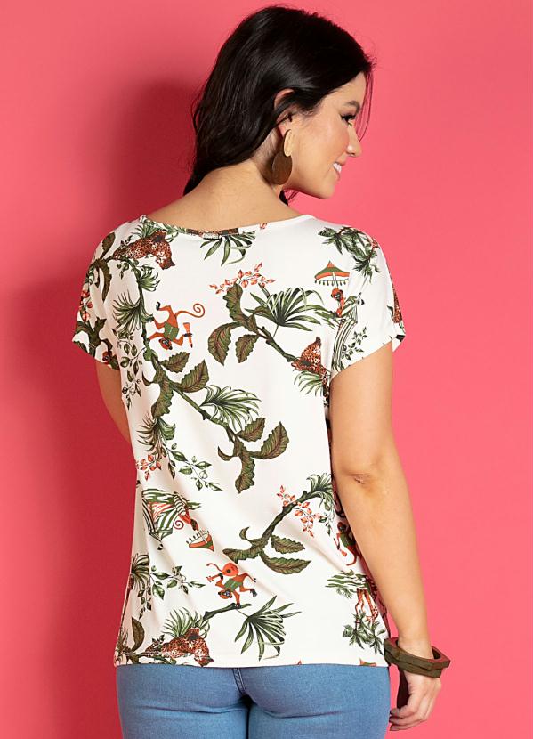 

Blusa Tropical Verde com Mangas Curtas, Bege