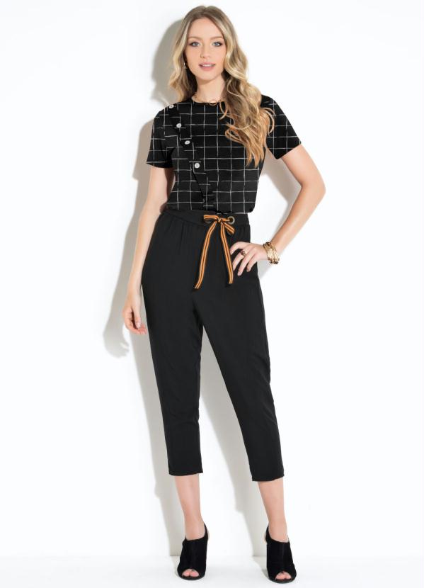 

Blusa Xadrez Grid com Botões Decorativos, Preto