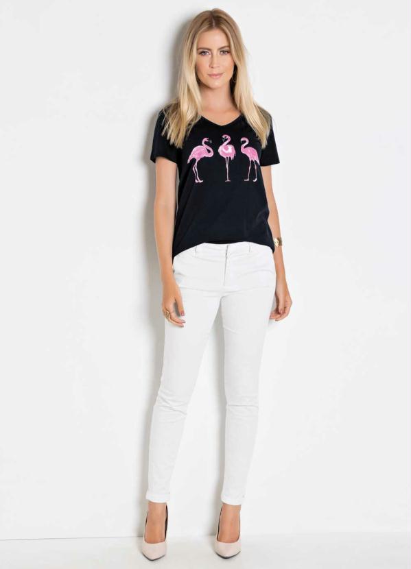 

T-Shirt com Estampa de Flamingo Preta, Preto