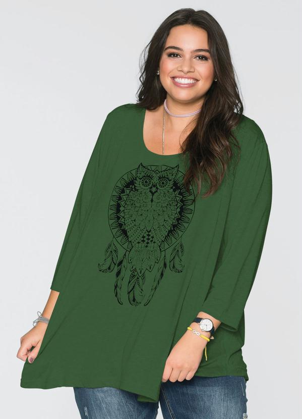 

Blusa Ampla com Estampa de Coruja Verde