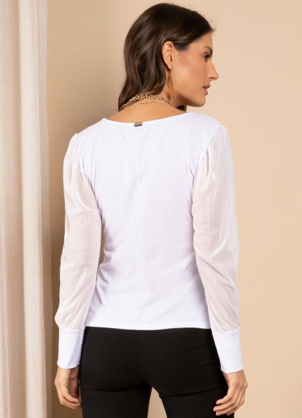 

Blusa Branca com Mangas Bufantes Transparentes, Branco