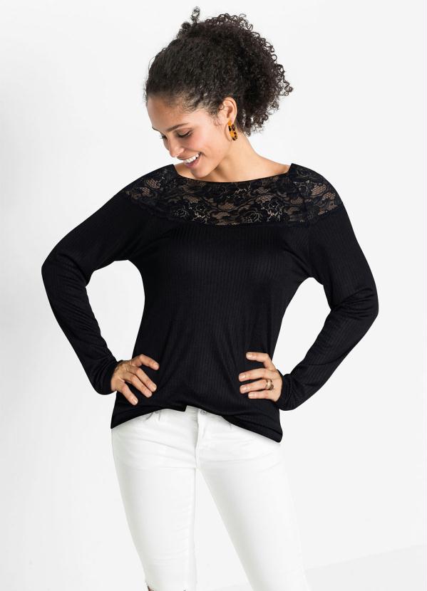 

Blusa Canelada com Renda no Decote Preta, Preto