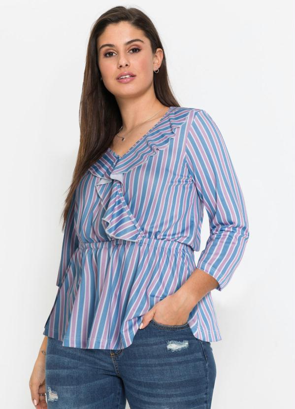 

Blusa Decote Transpasse com Babados Listras Azul