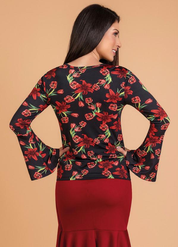 

Blusa Floral Dark Moda Evangélica Manga Sino, Preto