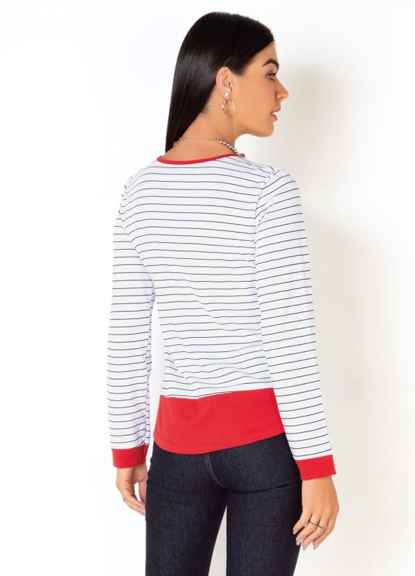 

Blusa Listrada com Recortes Contrastantes, Branco