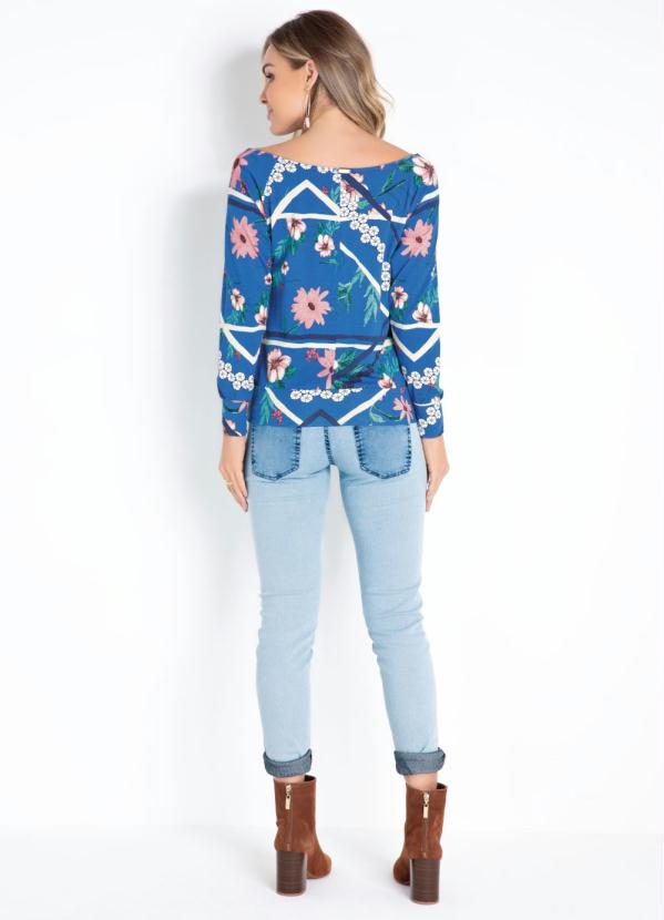 

Blusa Raglan Floral Azul com Decote Canoa