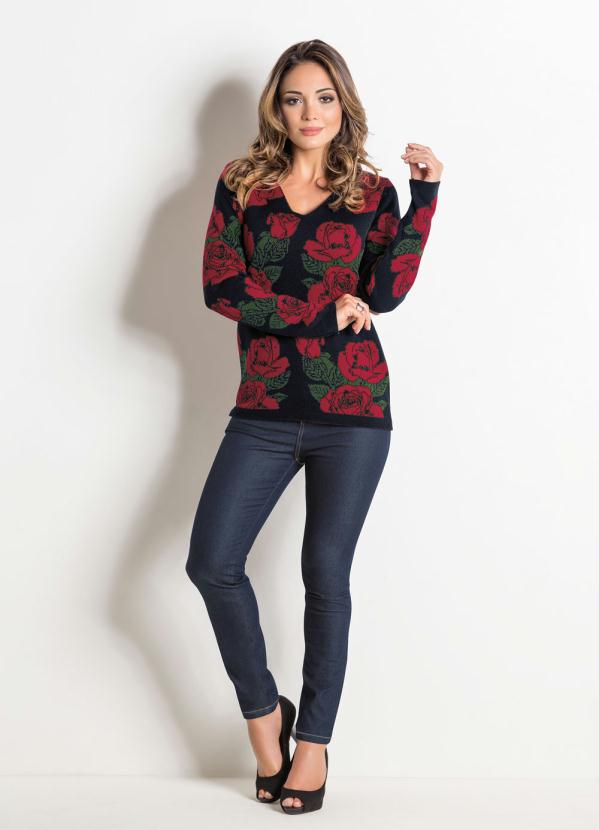 

Blusa em Tricot Rosas com Decote V, Vermelho