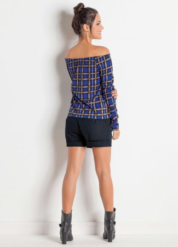 

Blusa Xadrez com Decote Ombro a Ombro, Azul