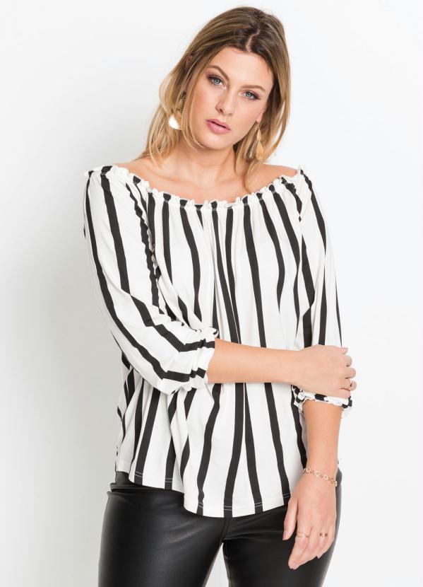 

Blusa Ombro a Ombro Listrada Branca e Preta, Branco