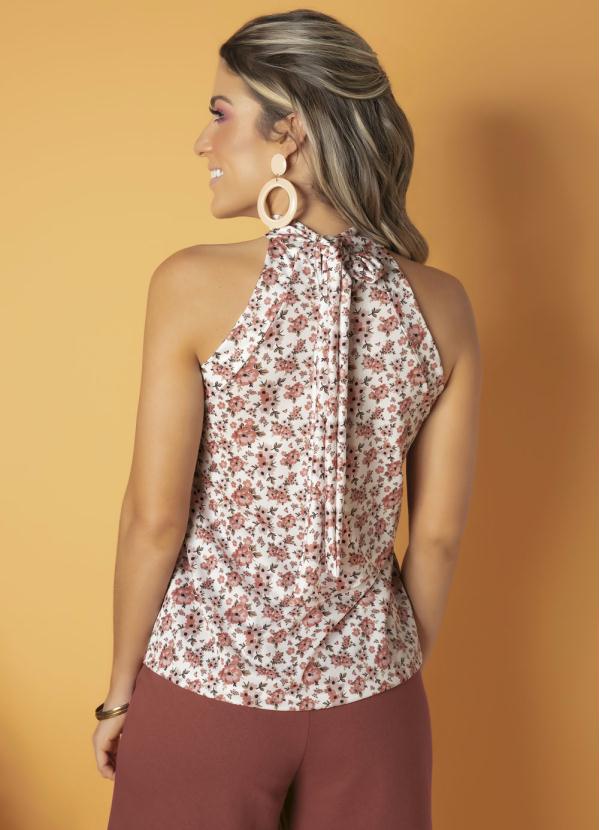 

Blusa com Gola Alta sem Manga Floral, Rosa