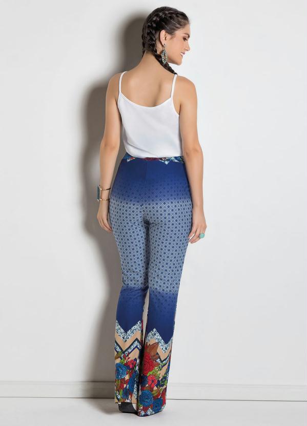 

Calça Flare Estampada com Elástico na Cintura, Azul